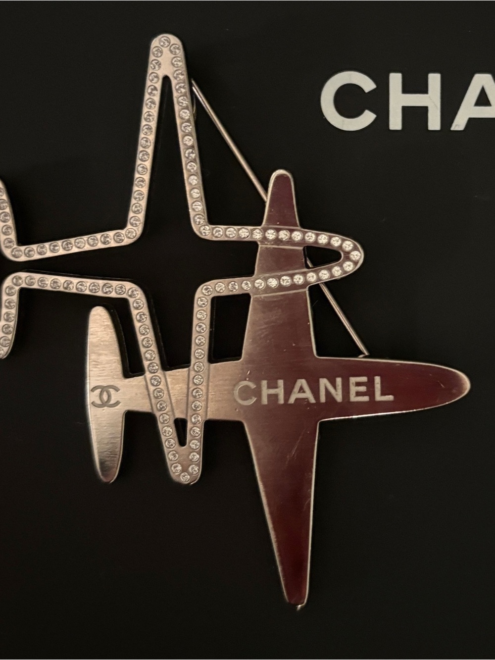 CHANEL Silver-tone Plane Brooch with Crystal Trim